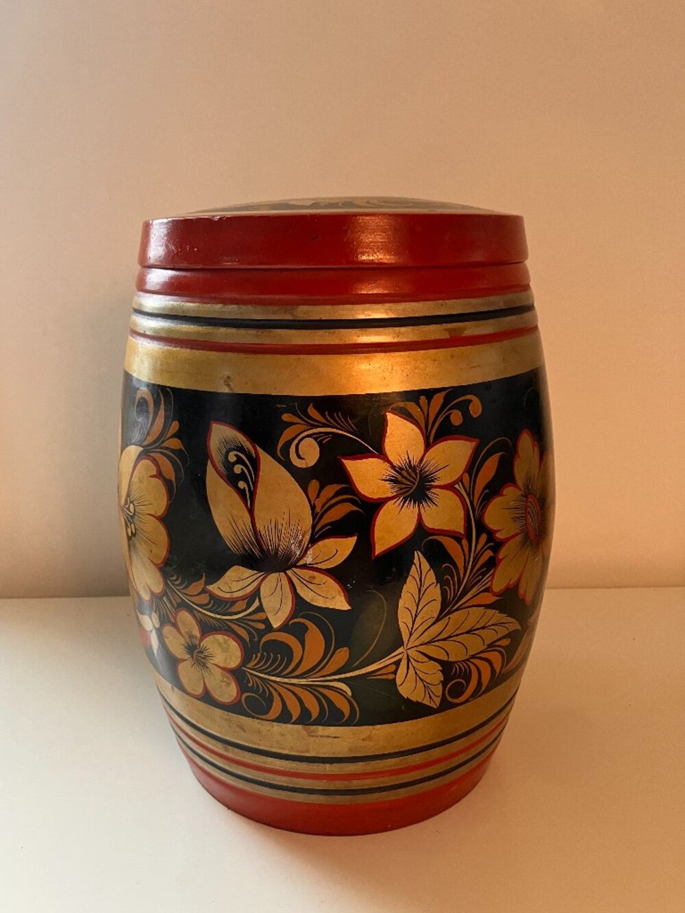 Vintage Carved & Hand painted Wooden BARREL CANISTER Toll Style Painted - USSR